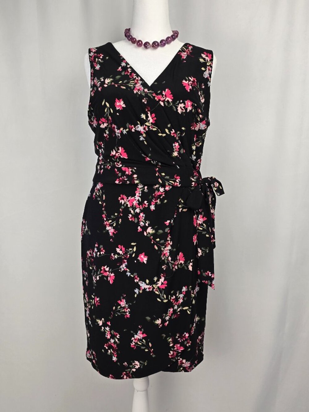Chaps Black Floral Faux Wrap Dress Size XL V-Neck Side Tie Stretch